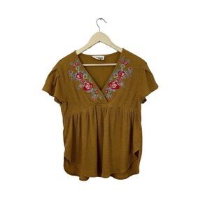 Savanna Jane Small Top Brown Embroidered Boho Short Sleeve Pullover Womens
